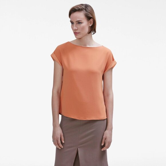 MM.LAFLEUR Betty Navy Blue Matte Crepe Cuffed Boat Neck Blouse Top, Size XL - Picture 10 of 14